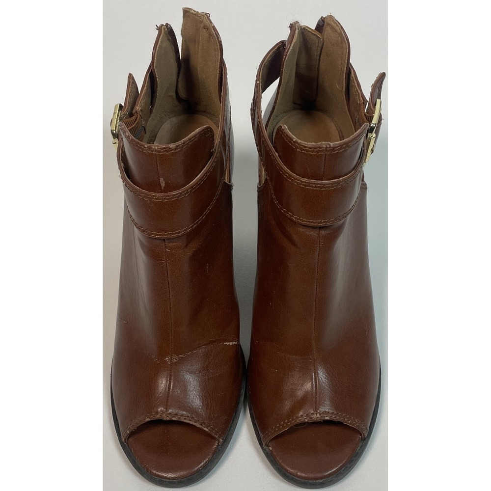 Fioni Women's Brown Peep-Toe Ankle Boots Size 7.5 - Block Heel, Zipper Closure